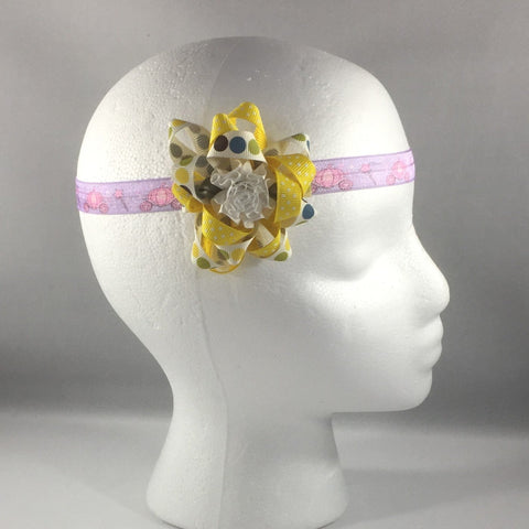 Headband, Size Newborn.  Yellow Hand Made Bow is on a hair-clip so it can be worn without the stretch headband.