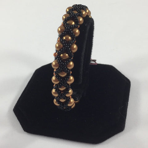 Braided Bracelet With Swarovski Gold Pearls and Copper and Black Glass Seed Beads.  Reversible.  Size 7.25"