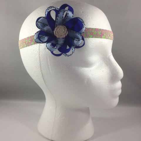 Stitched Headband for a baby age 3 - 6 mos.  Pretty Blue Ribbon Bow is on a hair-clip so it can be worn without the headband.