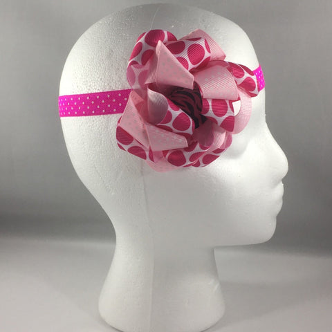 Stitched Headband for a baby age 3 - 6 mos.  Pretty Pink Polka Dot Ribbon Bow is on a hair-clip so it can be worn without the headband.
