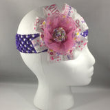 Headband, Size Child.  Handmade Pink Ribbon Bow with Purple net stretch headband.