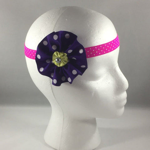 Stitched Headband for a baby age 3 - 6 mos.  Pretty Purple Polka Dot Ribbon Bow is on a hair-clip so it can be worn without the turquoise patterned headband shown in the picture.