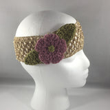Headband, Size Adult.  Hand crocheted Pink Flower and Green Leaves with a tan net headband.