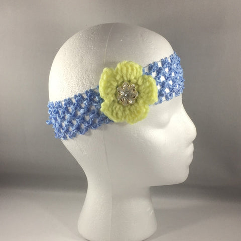 Headband, Size Child.  Hand Crocheted Yellow Flower with Pale Blue stretch net headband.