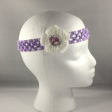 Headband, Size Child.  Hand Crocheted White Bow with Purple net stretch headband.