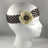 Headband, Size Child.  Hand Crocheted Pale Yellow Flower on a Black stretch net headband.