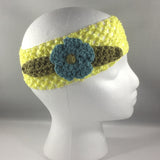 Headband, Size Child.  Hand Crocheted Bluish Turquoise Flower with Green Leaves on a Yellow stretch net headband.