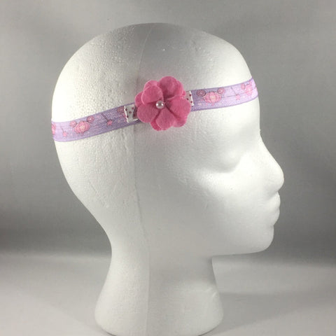 Headband, Size Newborn.  Small Pink Hand Made Bow is on a hair-clip so it can be worn without the stretch headband.