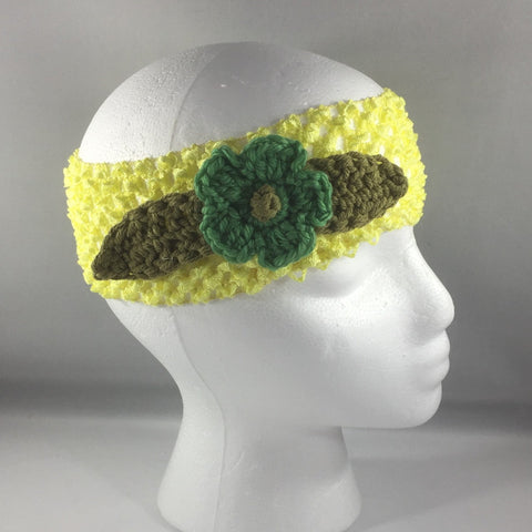 Headband, Size Child.  Hand crocheted Green Flower and Green Leaves with a yellow net headband.