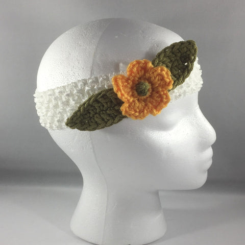 Headband, Size Adult.  Hand crocheted Orange Flower and Green Leaves with a white net headband.