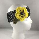Headband, Size Adult.  Hand crocheted Yellow Flower with a black net headband.