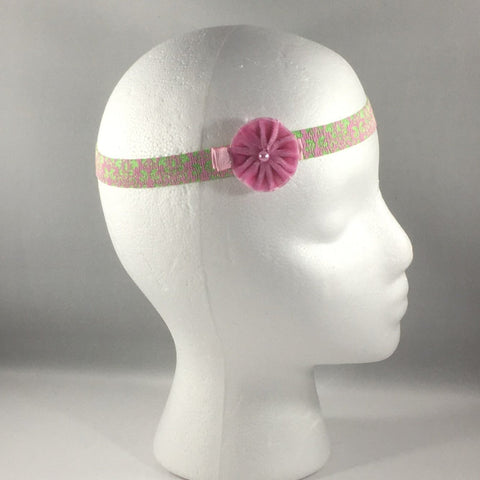 Stitched Headband for a baby age 3 - 6 mos.  Pretty Green Ribbon Bow is on a hair-clip so it can be worn without the colorful headband.