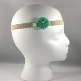 Headband, Size Newborn.  Small Green Bow is on a hair-clip so it can be worn without the stretch headband.