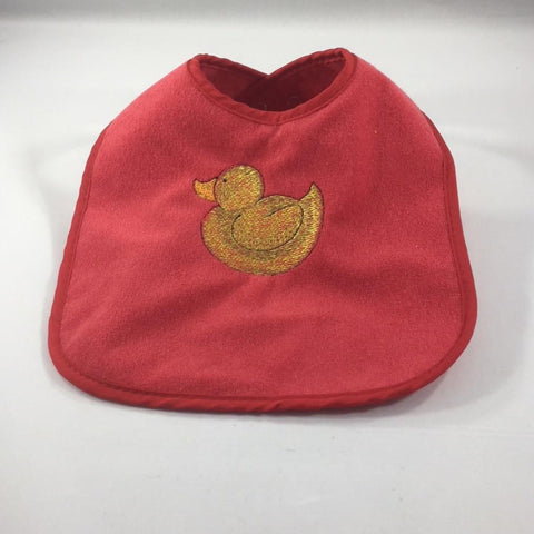 Red Baby Bib with Embroidered Yellow Duck
