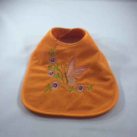 Embroidered Orange Baby Bib with Orange Butterfly and Purple Flowers