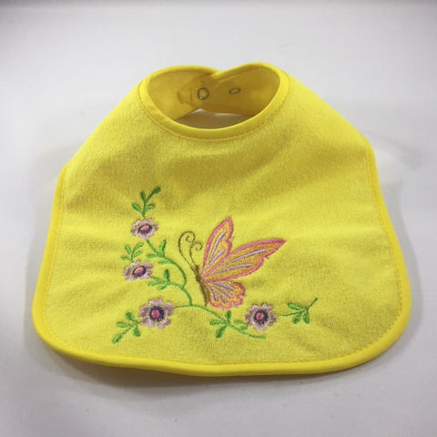 Yellow Baby Bib Embroidered with an Orange Butterfly and Purple Flowers