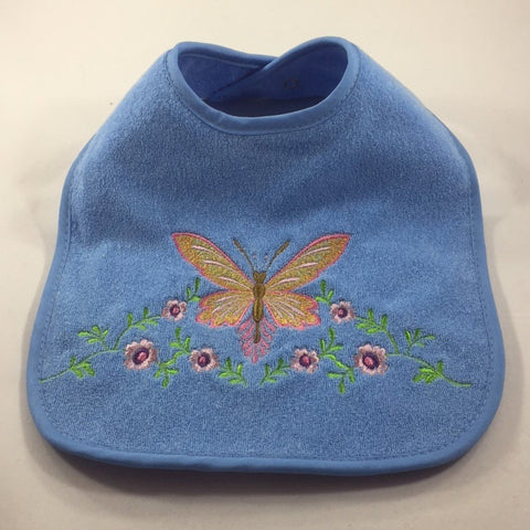 Embroidered Blue Baby Bib Embroidered with a Yellow Butterfly and Pink Flowers