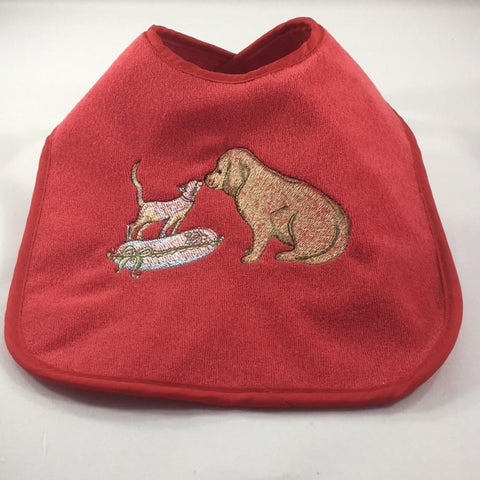 Red Baby Bib with Embroidered Yellow Duck