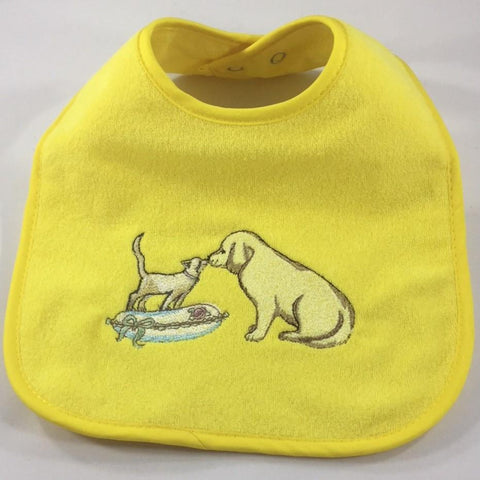Yellow Baby Bib Embroidered with a Kitty and a Puppy