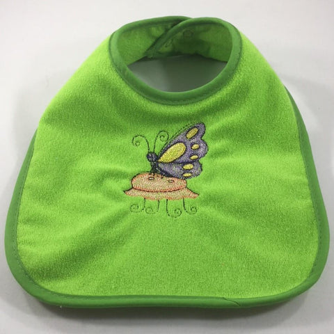 Embroidered Green Baby Bib with an Orange Butterfly and Purple Flowers