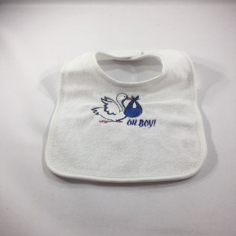 Embroidered White Baby Bib with an Embroidered Stork and the words" Oh Boy"!
