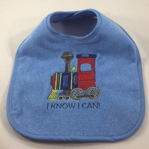 Embroidered Blue Baby Bib with a  Red Train Engine and the words "I Know I Can"