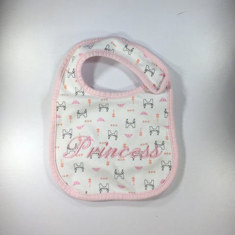 Embroidered Pink Pattern Baby Bib with the word "Princess" Embroidered on the front in pink thread.