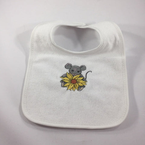 White Baby Bib, Embroidered with a Mouse holding a Yellow Sunflower