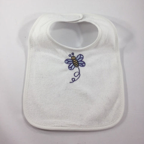 White Baby Bib with an Embroidered Blue Bumble Bee in flight