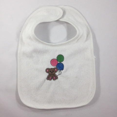 White Baby Bib with an Embroidered, Teddy with Balloons