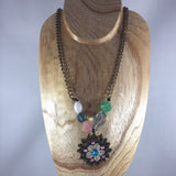 Brass Chain with Pendant an Beads, Green, Pink, White, Blue and Crystal.  Necklace is 18" long.
