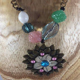 Necklace, Brass Chain with Pendant an Beads, Green, Pink, White, Blue and Crystal