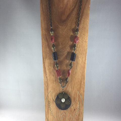 Brass Chain Necklace and Brass Pendant with Black Etched Beads, Red Mottled Beads and Brass Beads.  Length 29"