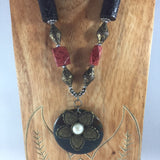 Necklace, Brass Chain and Brass Pendant with Black Etched Beads, Red Mottled Beads and Brass Beads.  Length 29"