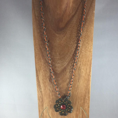 Necklace, Brass Chain and Brass Pendant with Orange Seed Glass Seed Bead Intertwined in Chain.  Length 28"