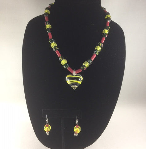 Necklace, Glass Red, Green, and Yellow Beads with a Lampwork Crystal Heart.  Length 18"