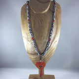 Red, White and Black handed beaded rope.  Acrylic heart with Dragonfly Pendant.  Necklace 22".  Bracelet included 7 1/4"