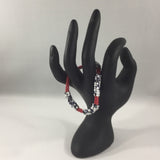 Necklace, Red, White and Black handed beaded rope.  Acrylic heart with Dragonfly.