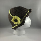 Crochet Hat, Brown with Yellow Trim and Yellow Button Flower, Size Child/Adult Medium