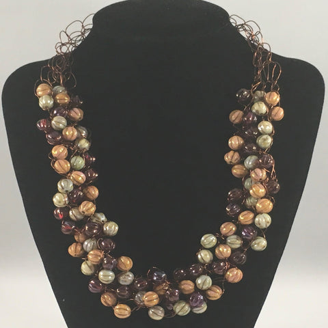 Crocheted Bead Necklace, Earth tone colored beads.  Necklace measures 20" around.