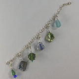 Bracelet, Silver Charm Type with 6 Dangling Beads in Blues and Greens.  Size 7