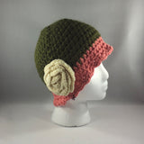 Crochet Hat,  Green Hat with Salmon Brim and White Rose, Adult Large
