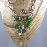 Necklace, Copper wire wrap necklace with green glass beads