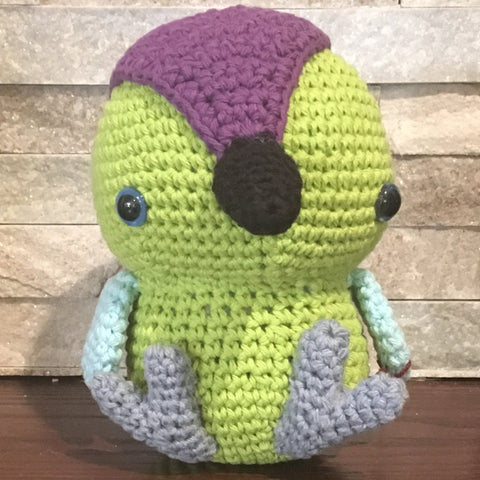Crocheted and Stuffed Green and Purple Tweety Bird.  Cotton Yarn. Zoomigurumi pattern. 8-1/2" high