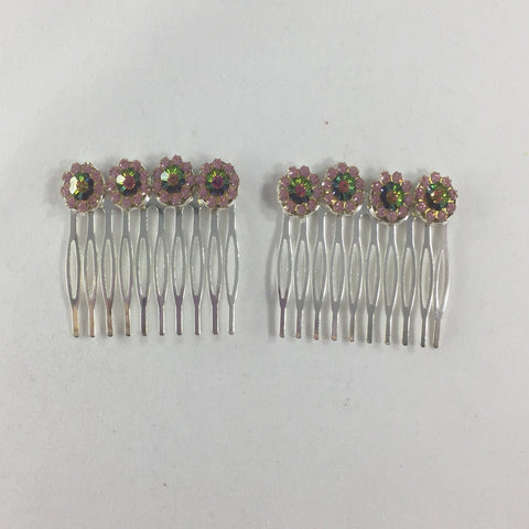 Pink and Green Flower Beaded Hair Comb, Silver.  2 Combs.