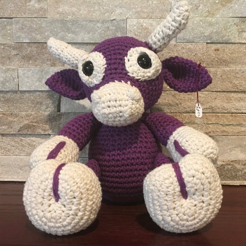 Crocheted and Stuffed Purple Cow. Cotton Yarn. Zoomigurumi pattern.  9" tall.