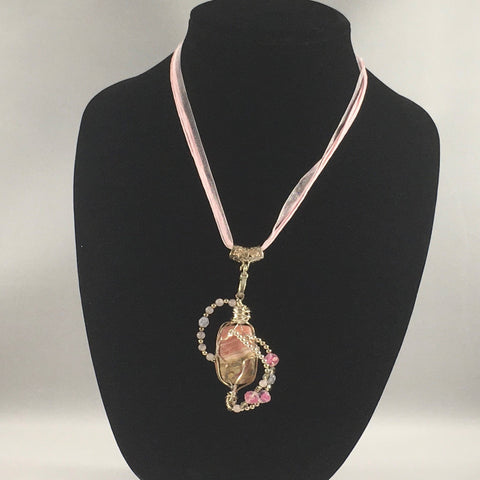Necklace with Wire Wrap Pink Picture Jasper Pendant with Sterling and Bead accents on ribbon necklace.  Necklace measures 17" around with a 4" Pendant drop. Earnings on Sterling wires included.