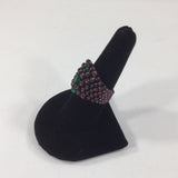 Ring, Beaded Red and Purple Glass Seed Bead Band with green accents.  Size 8