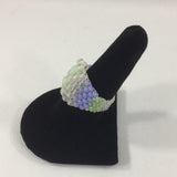 Ring, Beaded, Translucent Glass Seed Beads, Opaque White, Green and Lavender.  Size 9