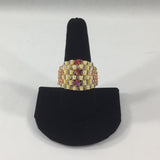 Ring, Beaded, Dark Pink Accent Glass Seed Beads.  The band is Yellow and Orange Glass Seed Beads.  Size 9.  Although this ring was strung with Fireline, constant exposure to water is not recommended.